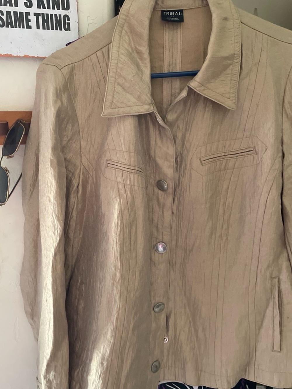 Tribal Metallic Tan Button-Front Women's Jacket